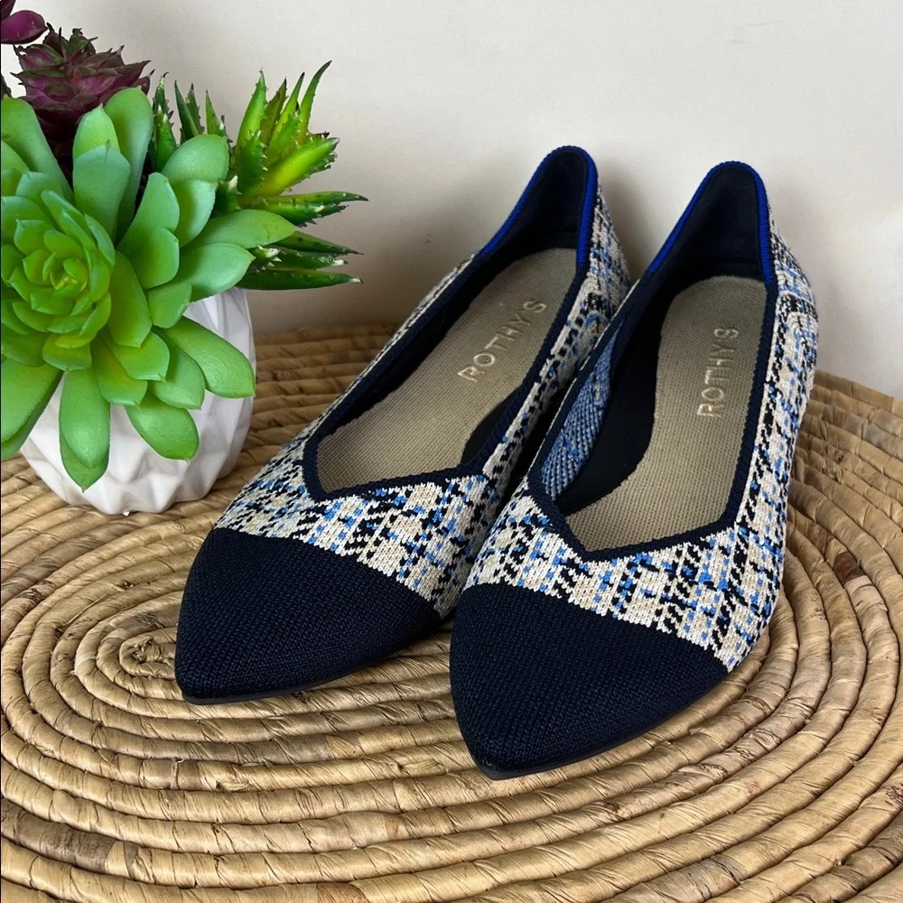 Rothy's Pointed Flat Knit Plaid Navy Cream Preppy 6 - Picture 1 of 9